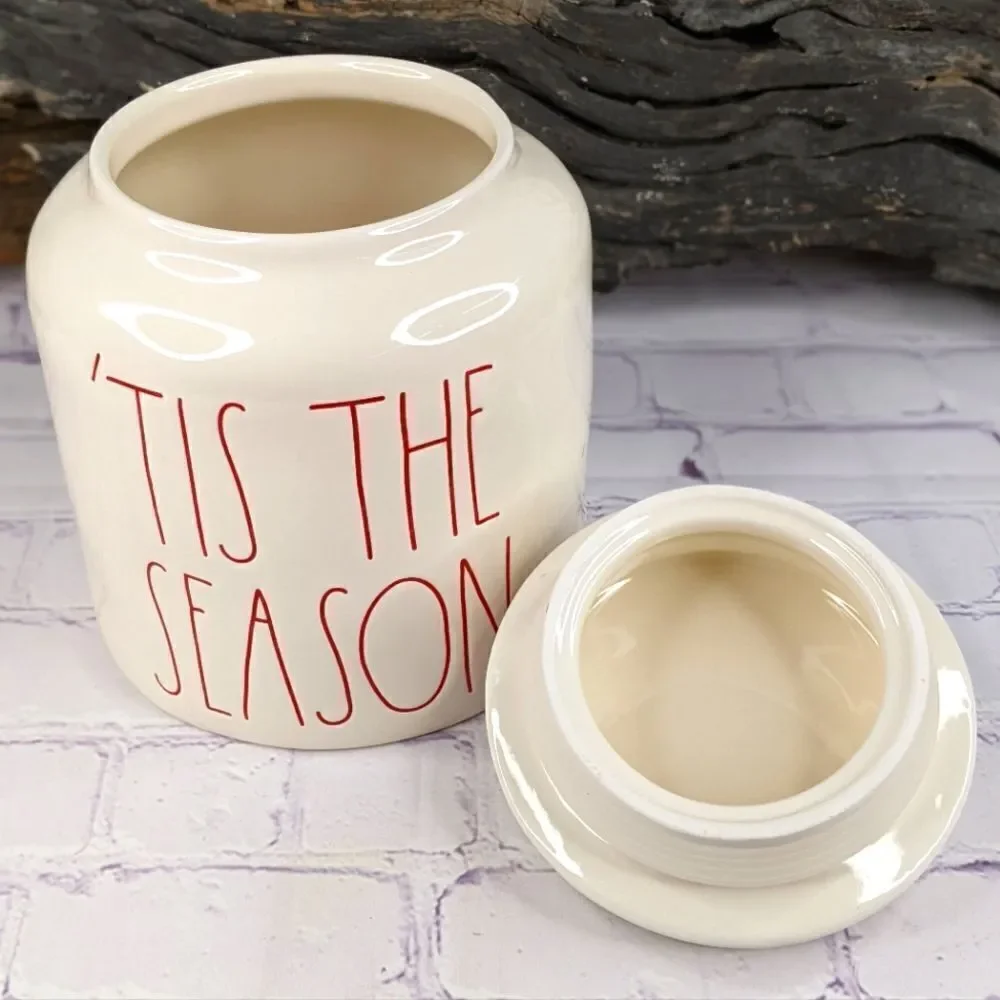 Rae Dunn TIS THE SEASON Ceramic Cookie Jar Canister with Red Lettering